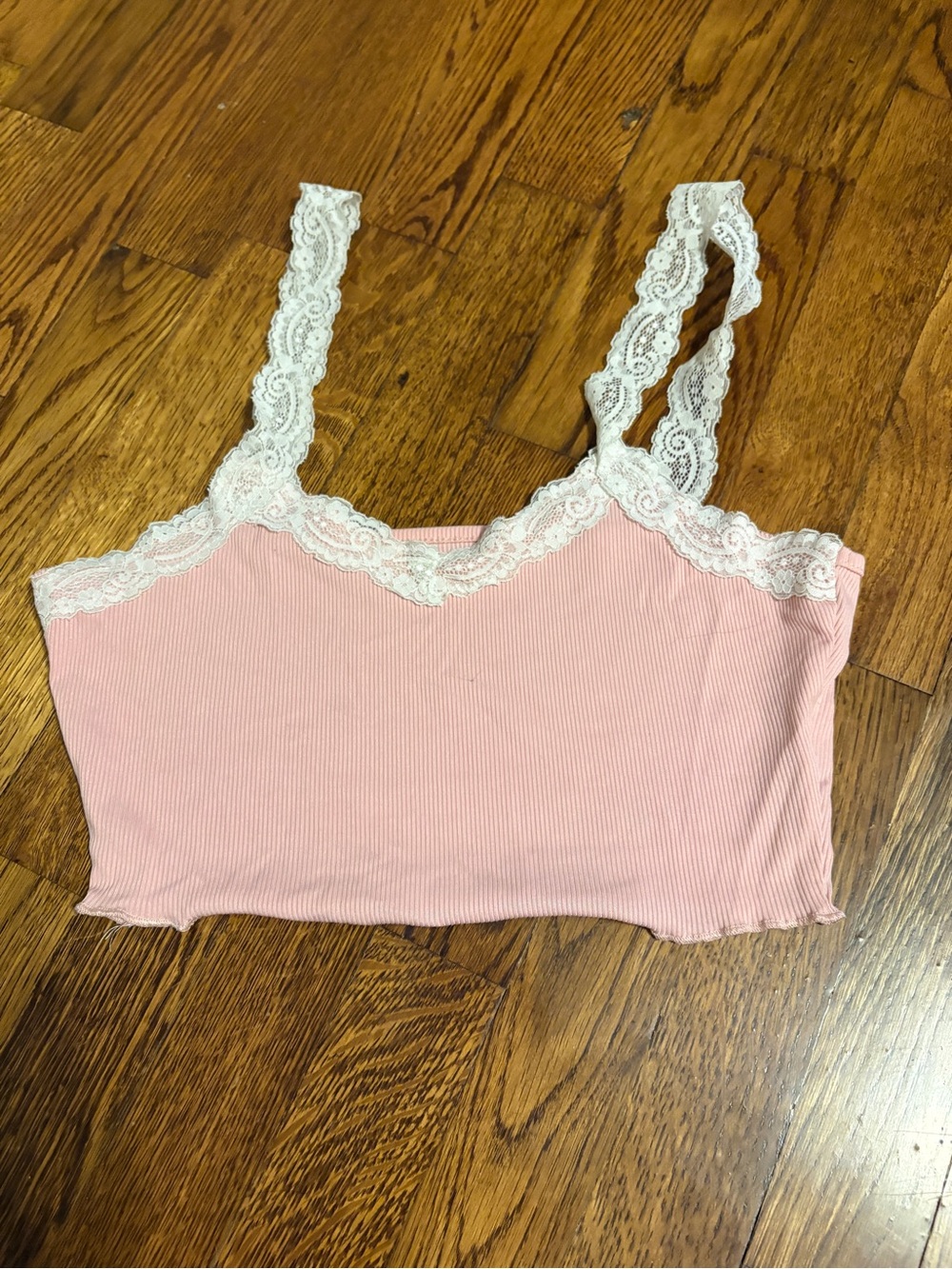 SHEIN Pink Ribbed Lace-Trim Cropped Pajama Top